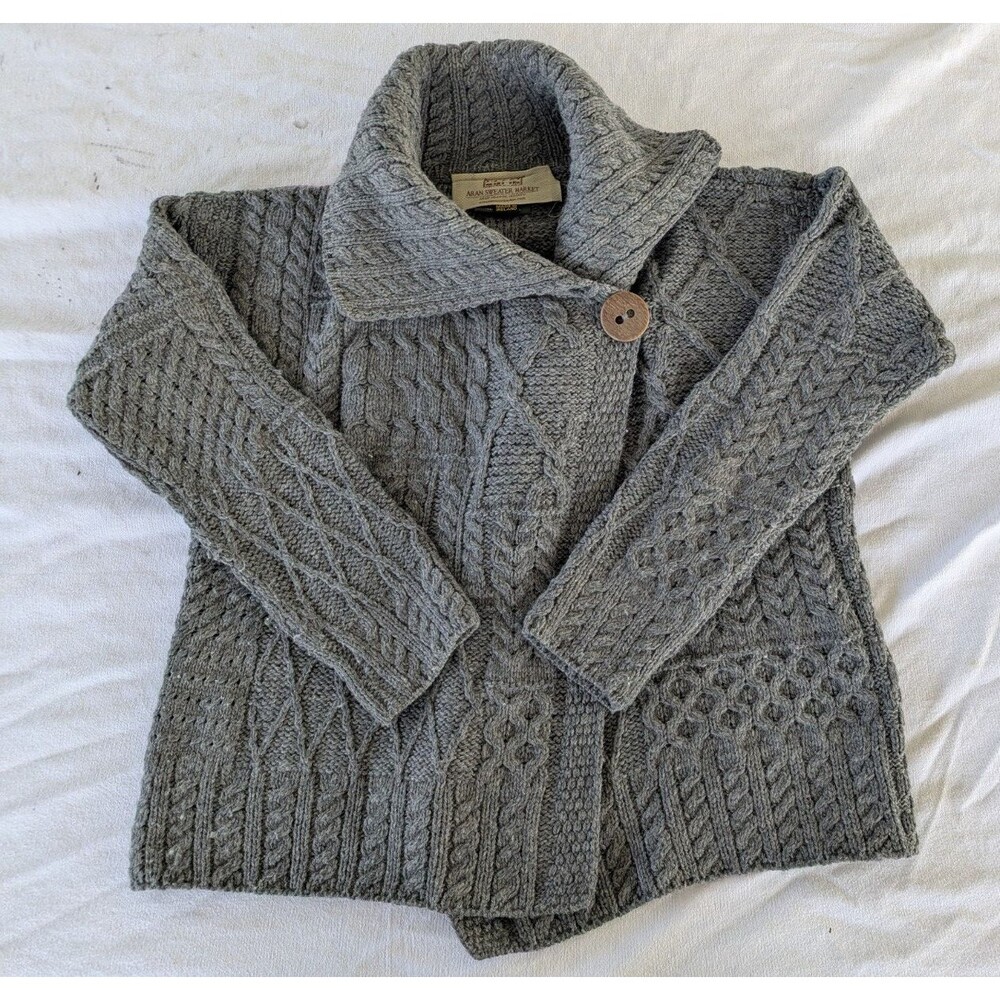 Aran Sweater Market Women’s Merino Wool Cardigan Gray Sz Large Irish Cable Knit